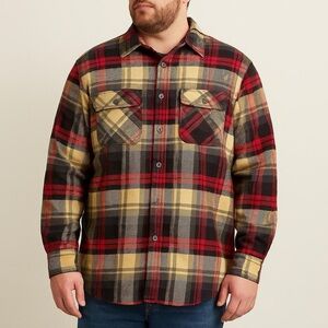 Outdoor Life Men’s XL Plaid Flannel Button-Up Shirt Red Tan Black NWOT